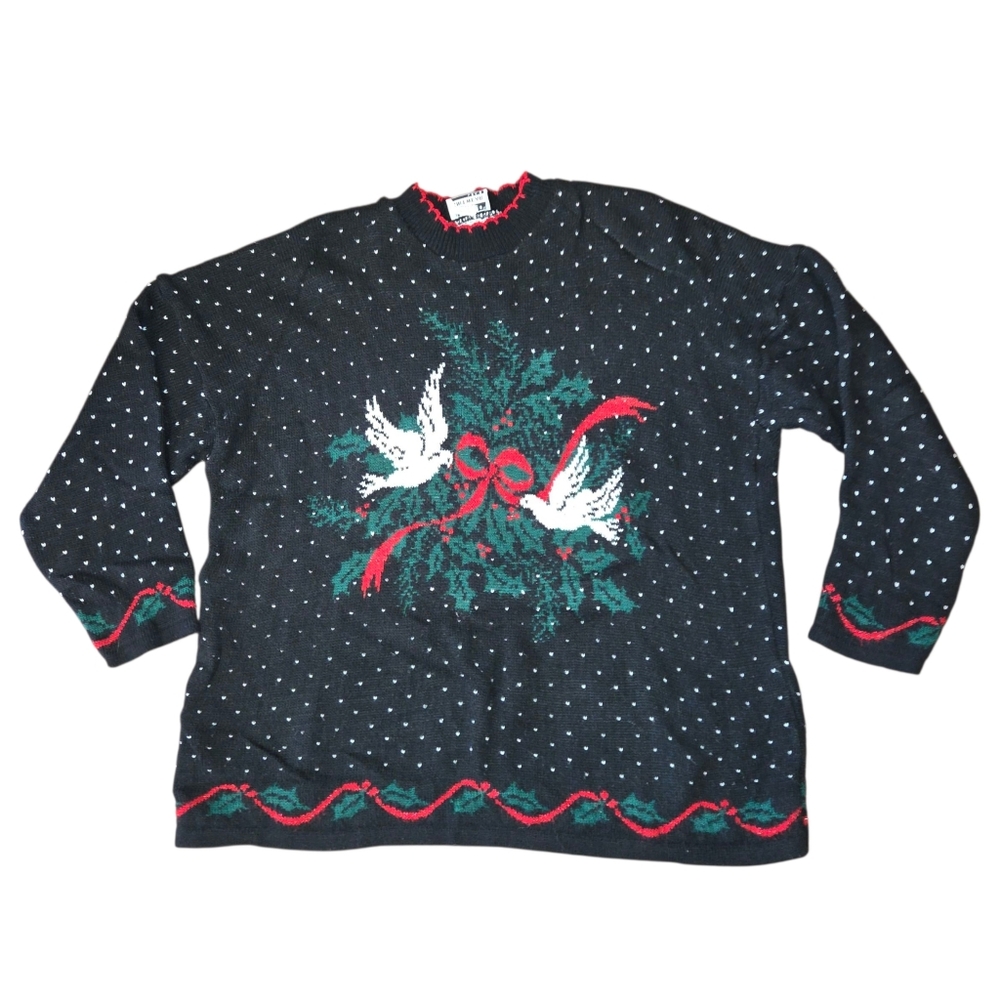 VTG Adele Knitwear Christmas Sweater Doves Bow Doves Holly Womens 2X Coquette